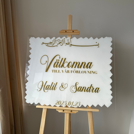 Skylt - "Välkomna till vår förlovning"